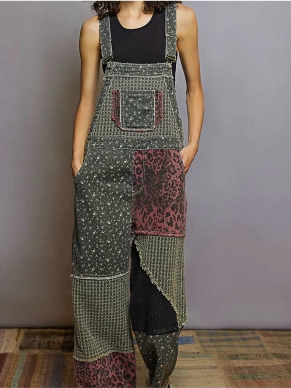 NWOT POL bestseller "The MeMe"Wide-Leg patchwork Overalls